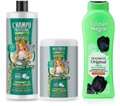 Pack Dona Flora Rapunzel: Champú 1000ml + Mascarilla Capilar 1000ml - Crecimiento para Todos los Tipos de Cabello con Vitaminas, Biotina y Extracto de Castaño de Indias  + Gel de Baño Tulipán Negro 750ml - Vendido por Beauty World Distributor