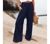 Summer Cotton Linen Wide Leg Pants Women Loose Palazzo Pant Pocket Elastic Waist Button Casual Pant Pants for Women Women’s Pant