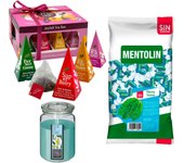 Pack bienestar: MENTOLIN MENTA SUAVE S/A BOLSA 1KG + Vela perfumada con flor tiare + Caja de Té Joyfull con variedad de sabores