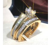 Huitan Luxury Gold Color 2Pcs Set Rings for Women Wedding Engagement Band Jewelry Shiny Crystal Cubic Zirconia Statement Rings