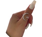 Anillo de Puño de Moda, Diseño de Luna y Sol, Forma de Media Luna, Incrustado con Diamantes de Imitación combinados, 1 unidad