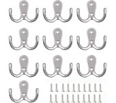 BIT Juego de 10 ganchos dobles para abrigos, perchero de pared, ganchos dobles de metal y ganchos de almacenamiento con tornillos, para estantes, cajones, baño, dormitorio, gancho y decoración, plateado