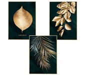 Juego de 3 cuadros de pared con carteles de diseño, hojas doradas del bosque, hoja de palma, sin marco, imágenes impresas en murales (50 x 70 cm)