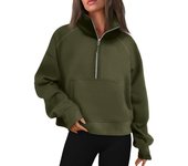 Women's Stand Collar Plus Fleece Solid Color Hoodie  Long Sleeve Pocket Loose Half Zip Pullover Hoodie Top лонгслив женский