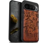 Estuche de madera para Pixel 9 Pro XL [Madera natural y TPU suave negro] Funda protectora a prueba de golpes Estuche de madera único compatible con Google Pixel 9 Pro XL Estuche (Pintura de paisaje - Nogal)