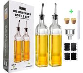 Botella dispensadora de Aceite de Oliva, Juego de 2 Unidades de aceitera de Vidrio y vinagrera con 2 vertedores de Maple inoxidable, 4 etiqueta, 2 tapones, 1 Embudo para cocina (500 ml)