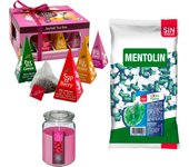Lote respira: MENTOLIN EXTRA FUERTE S/A BOLSA 1KG + WELL HOME - Vela perfumada de frambuesa + WELL HOME - Caja de Té Joyfull con variedad de sabores