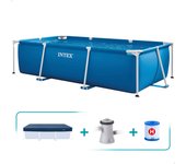 INTEX- Pack Piscina Small Frame desmontable rectangular con estructura metálica, cobertor a medida y depuradora de cartucho, piscina familiar, fácil montaje, jardín, agua limpia, verano