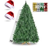 KingnetStore - Árbol de Navidad Artificial 120 150 180 210 CM Soporte de Madera Robusta Resistente. Estructura Desmontable/Plegable con Ramas Abatibles. Arbol Decoración Navideña Abeto Premium con 2 Gorros de Navidad + 80 Bolas Adornos de Arbol Navidad