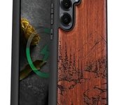 Funda magnética de madera para Galaxy S25+ y Samsung S25 Plus, carcasa de TPU a prueba de golpes con grabado de madera, compatible con cargadores inalámbricos MagSafe (Lago y Montaña) Rosy
