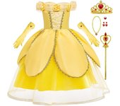 Disfraz de princesa Bella para niñas, vestidos amarillos, disfraz de Halloween, cosplay, traje de cumpleaños con accesorios