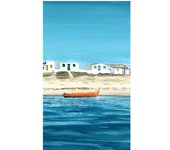 Cuadro "CULATRA" Vertical  Reproducción en lienzo Alta Calidad de acuarela colorida tonos arena azules blanco rojo amarillo verde turquesa bote rojo horizonte casas blancas ventanas de colores Calma Paz vacaciones isla Salon Casa playa Ref ANA DURAN A 035