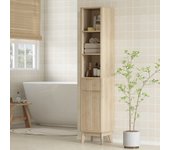HOMCOM Columna de Baño Mueble de Baño Estrecho con Puerta de Acanalado Cajón 3 Compartimentos Abiertos y Estantes Ajustables Armario Alto de Baño Moderno 33x30x170 cm Natural