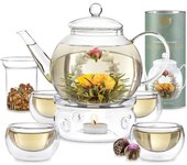 Juego de Té Completo - Tetera de Cristal para Hornillo (1,2 litros) con Infusor para Té de Hoja, 4 Tazas de Té de Cristal con Aislamiento, Calentador y 12 Tés en Flor