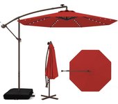 Sombrilla Terraza Exterior con Base, Parasol Excentrico 3x3 con 40 Luces LED, Sombrilla Jardin Inclinable con Manivela, Patio, Jardín, Terraza, Piscina, Playa