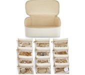 Vlando Joyero de viaje, moderno joyero con 12 bolsas de joyas, organizador de joyas de viaje de piel, bolsa de terciopelo transparente, estuche para joyas para mujeres, niñas, regalo, color blanco