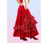 Falda flamenca de color rojo o negro con 5 volantes en cascada en el lateral con topos blancos
