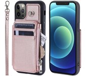 RFID Blocking PU+TPU Phone Case for iPhone 12/12 Pro 6.1", Kickstand Zipper Wallet Shell with Strap