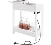 Mesita Auxiliar, Mesa de Sofa con Tablero Plegable, Compartimento Oculto y Estante de Almacenaje, Mesita Estrecha con Enchufe y Puertos USB, Ideal para Salón y Dormitorio, Blanco, 0001CHJ