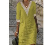 A brand new elegant cotton or mid sleeved dress, V-neck, women's autumn solid color