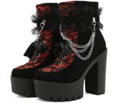 Gdgydh Vintage Gothic Lace Ankle Boots for Women Chunky Heel Side Zipper with Chain Detail Platform Goth Boots High Heels