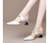 Fashionable women's shoes 2024 new fashion thick heeled pearl chain half toe slippers, high heels, sandals, white color slippers