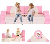 Sofá infantil modular, sofá infantil, muebles de dormitorio y sala de juegos para niños pequeños, espuma convertible (juego de 10 unidades, rosa-beige)