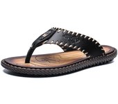 Men's informal leather flip flops provide comfortable support for walking on the beach