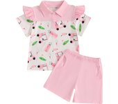 Pudcoco Toddler Girl Gold Outfit Cart Half Button-up Lapel Neck Short Sleeve Shirt Solid Shorts Pockets 2 Pcs Summer Set 1-5T