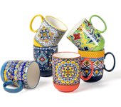 Tazas de café de porcelana, juego de tazas de café de 410ml con asa, tazas de porcelana para té café leche cappuccino, coloridas, pack de 6 - Estilo Bohemio