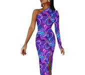 Pea Feathers Bodycon Spring Colorful Kawaii High Slit Dresses Ladies Long Sleeve Print Street Style Dress