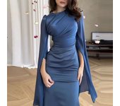 Fashion Satin Solid Robe Ladies Temperament O-neck Slim Evening Elegant Batwing Sleeves High Waist Pleats Long Dress