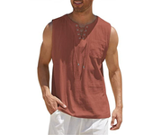 Men's Fashion Beach Sleeveless Shirts Hippie Tank Top Linen Viking Tunic for Summer Men's sleeveless tops medieval eyelet tie stand collar men's pullover shirt