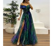 2025 Casual Pleats Women's Long Dresses New Summer Mesh Printed Lady Evening Fashion Strapless Slim Fit Split Party Dress