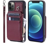 RFID Blocking PU+TPU Phone Case for iPhone 12/12 Pro 6.1", Kickstand Zipper Wallet Shell with Strap