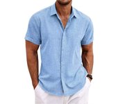 Cárdigan de algodón y lino con doble tapeta para hombre, camisa de color sólido de manga corta, solapa de manga corta