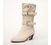 New Korean Style Thick Heel Mid-calf Boots with Belt Buckle in Autumn and Winter