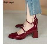 red shoes heels Women's Shoes Spring summer New Thick-heeled High-heeled Retro Square Toe Pumps