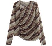 -  Chic for Women, Plaid, Asymmetric Neckline, Long Sleeve, Pleats, Loose Fit T-Shirt, Fashion 2025 Spring Summer