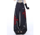 Pantalones vaqueros góticos de gran tamaño para mujer, Jeans negros y rosas cruzados, pantalones vaqueros estéticos sueltos de gran tamaño Harajuku coreanos de los años 2000