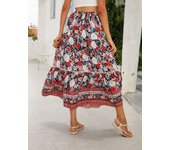 Women Bohemia Skirt Long Vintage Dress Floral Printed Rayon A line Large Hem Elastic Waist red blue