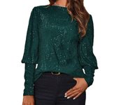 Stylish for women, Top with shiny sequins, round neck, flashlight, long sleeve stretch shirt, jersey, loose blouse