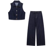 TRAFZA Women Turn-down Collar Sleeveless Single-breasted Vest Top+High Waist Pocket Zipper Belt Flared Jeans Pants 2 Piece Set