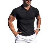 Men's Summer Polo Shirt, Authentic Hemp Cotton Short Sleeve, Round Ne, Solid Stripe,  Stretch