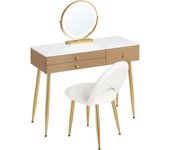 Dressing Table with Mirror Adjustable Light, 3 Drawers, with Velvet Stool Khaki+Gold