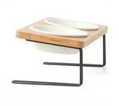 Elevated Cats Ceramic Bowls, Small Dog Food Feeding Dishes, Solid Bamboo Water Stand Feeder Set for Cats and Puppy