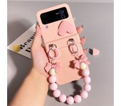 Cute Korean Kawaii 3D Love Heart Pink Case with Bow Beads Chain for Galaxy Z Flip4 5G Flip4 Z Flip3 Zflip4 Zflip4 Flip3 Cover