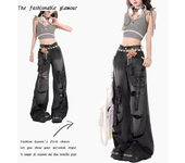 Pantalones vaqueros góticos de gran tamaño para mujer, Jeans negros y rosas cruzados, pantalones vaqueros estéticos sueltos de gran tamaño Harajuku coreanos de los años 2000