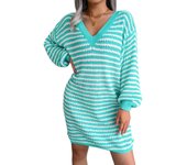 V Neck Woman Knitted Dress Loose Extreme Mini Striped Crochet Dresses for Women New Features Luxury Casual
