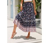 Women Bohemia Skirt Long Vintage Dress Floral Printed Rayon A line Large Hem Elastic Waist red blue